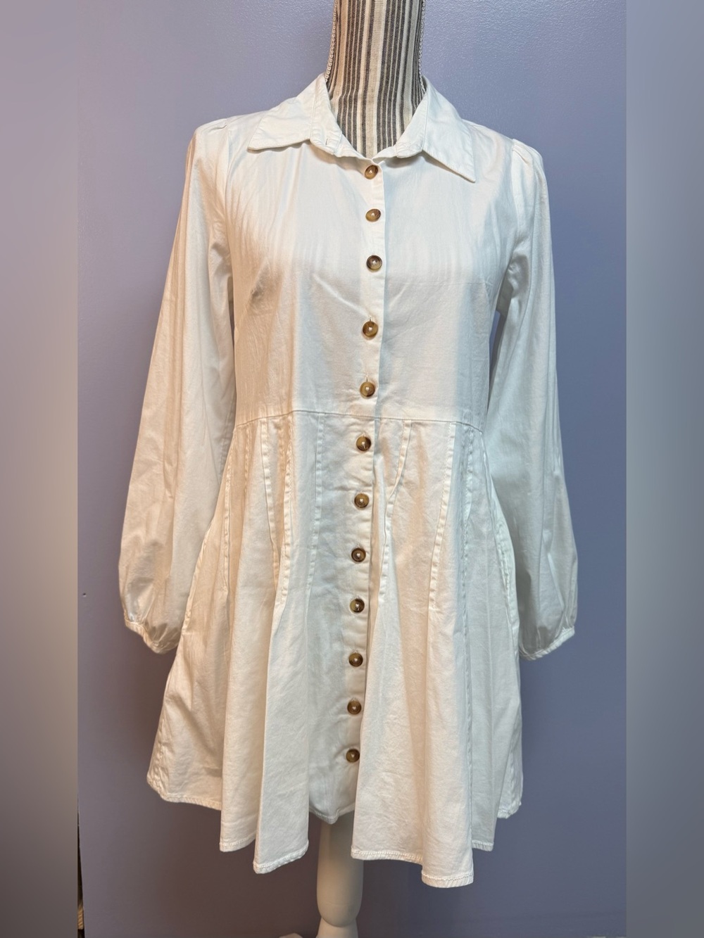 NWT Free People marvelous Mia long sleeve Button-Front Ivory Mini Shirt Dress XS - Picture 4 of 16